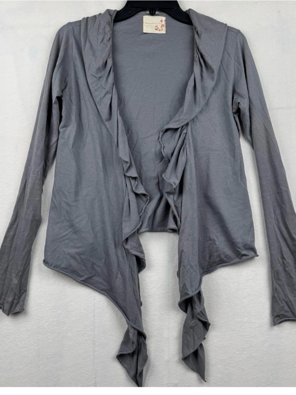 Ben and lucia Gray Cotton Ruffle Drape Open Front Cardigan Comfy Layering medium